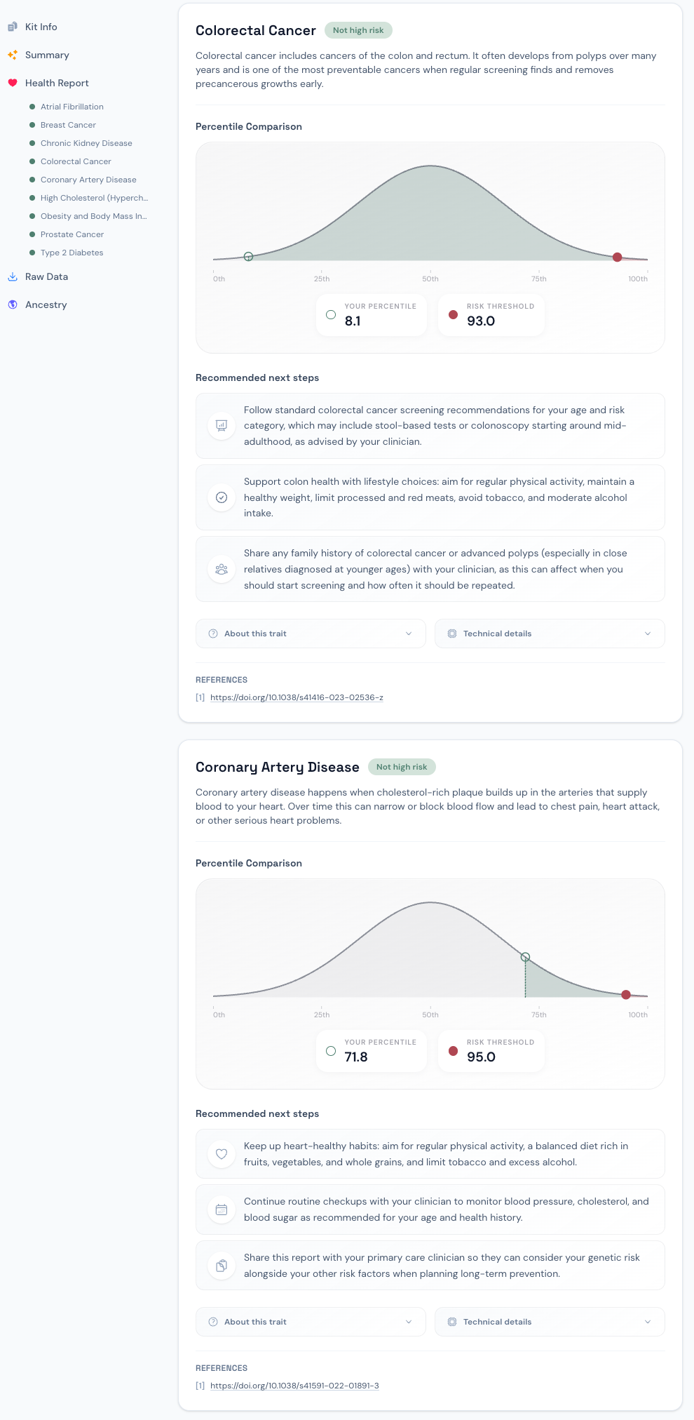 Sample PRS report showing summary, jump-to-trait navigation, percentile comparison, and recommended next steps